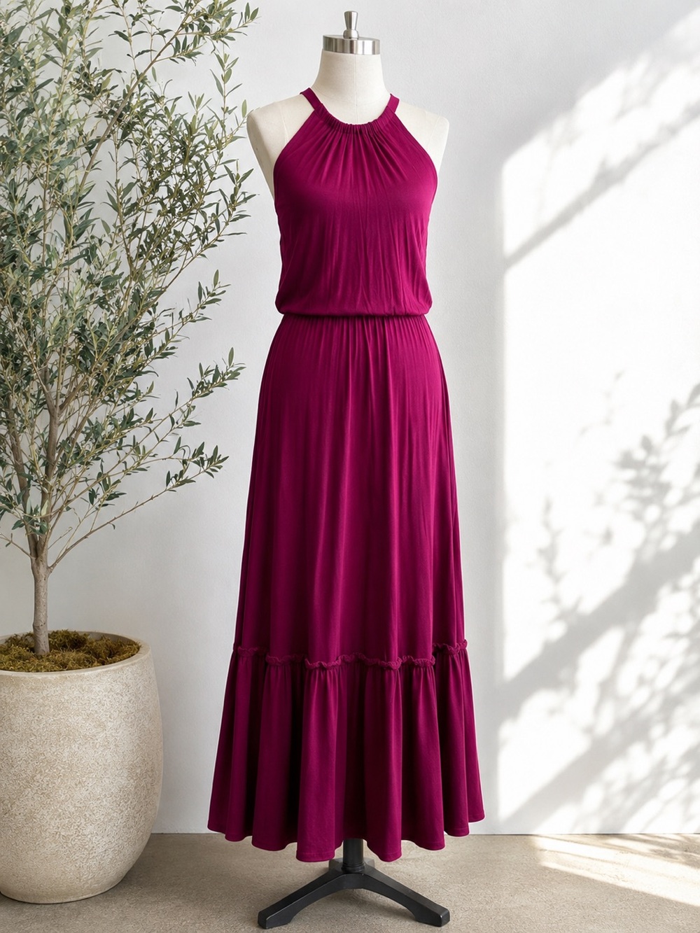 Rachel Zoe Magenta Halter Neck Maxi Dress Ruched Stretch Jersey Size Small
